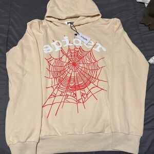 Stylish Beige Hoodie with Red Spider Web Design